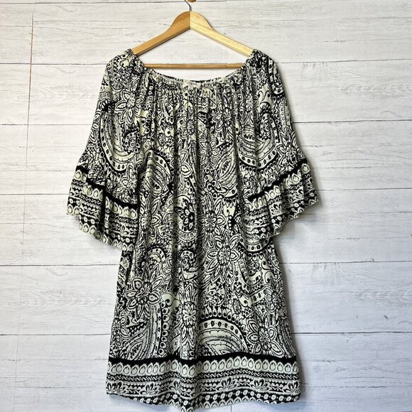 Umgee Dress Womens Size Medium Black & Ivory Floral Sheath Pockets Bell Sleeve - Picture 1 of 14